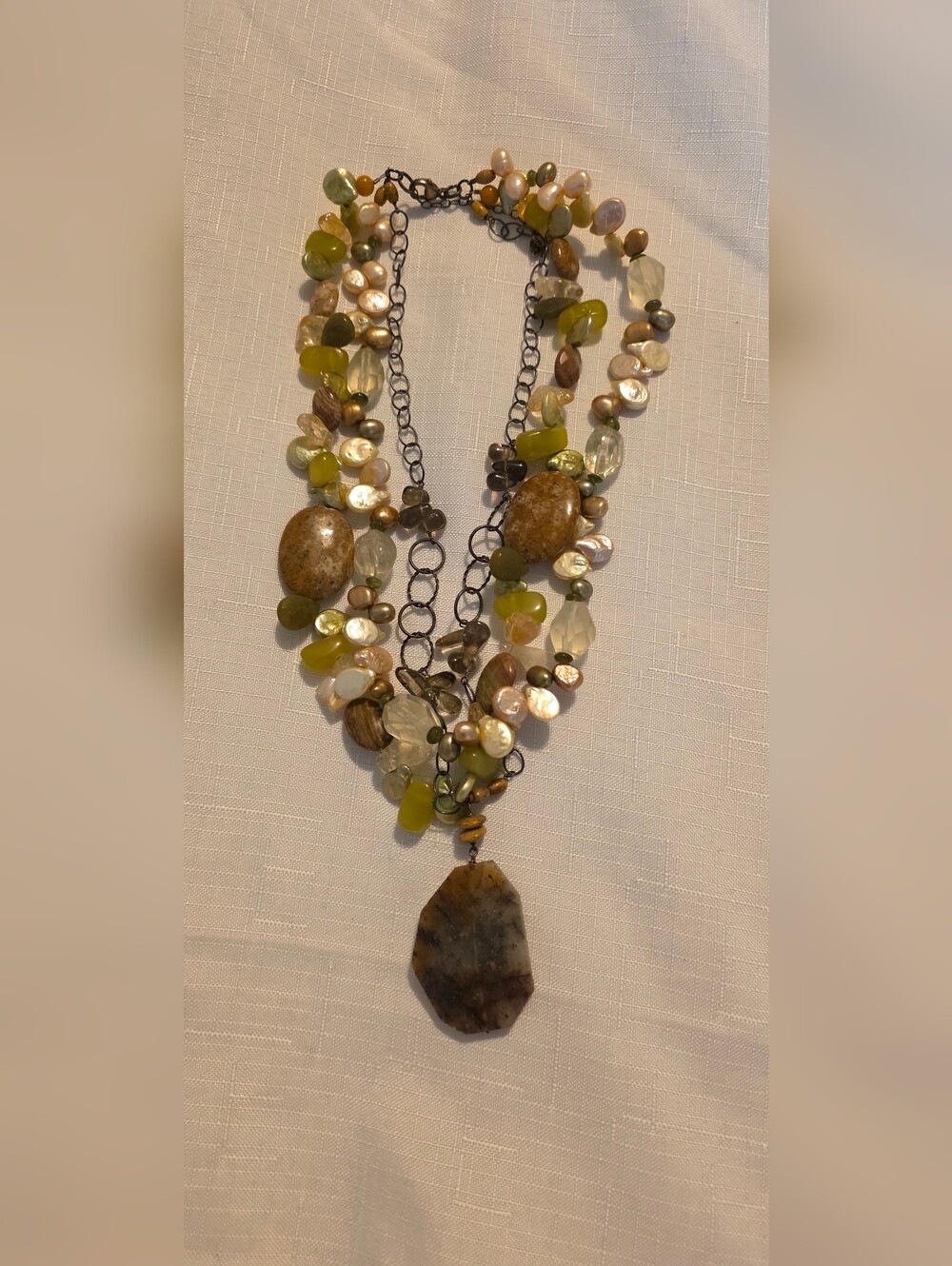 Multistrand Green Stone & Pearl Pendant Necklace